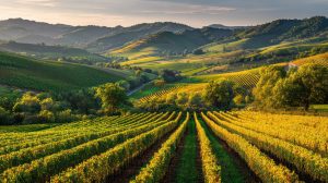 Vineyard rows at sunrise, wine country