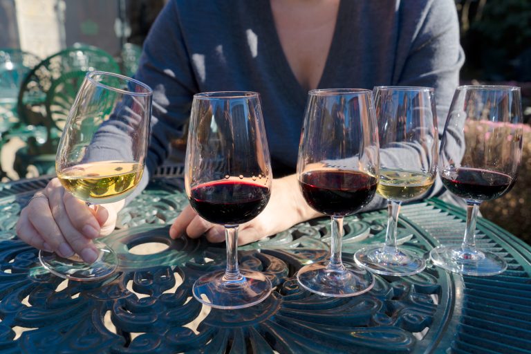 Glasses of port wine set out for tasting