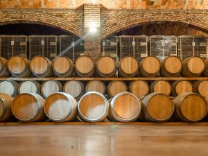 Oak casks in a Spanish sherry bodega