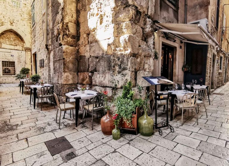 Restaurant terrace in the old town of Split, Croatia