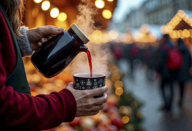 European Christmas market at night with lit food and drink stalls