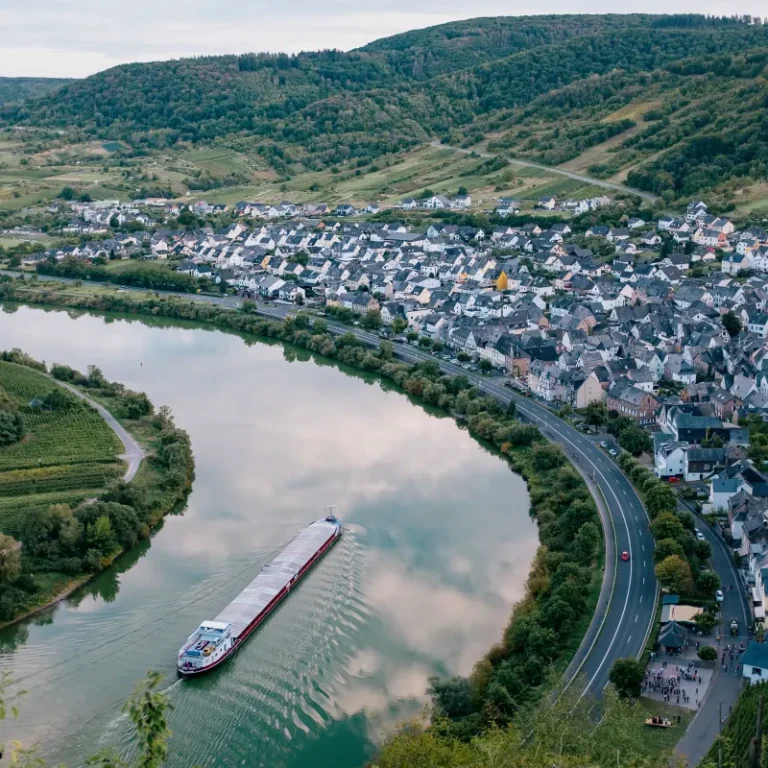 Aerial view of Bremm wine village on the Mosel bend