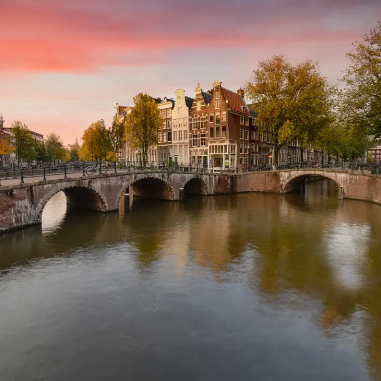 Keizersgracht canal houses and bridge in Amsterdam