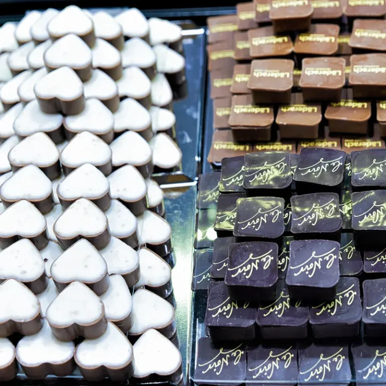 Swiss milk and white chocolate pralines in Zurich