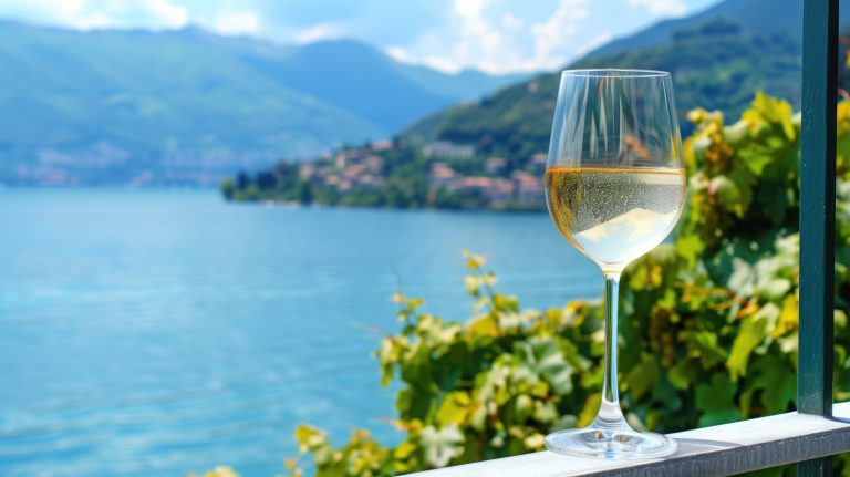 A glass of white wine overlooking Lake Garda and the mountains