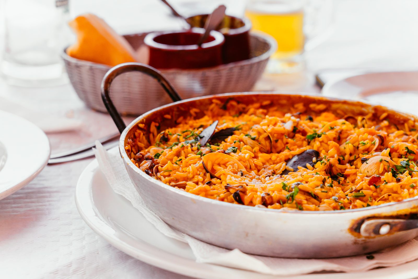 Spanish seafood paella in a pan, Madrid cooking class