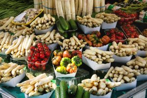 Parisian food market stall with fresh produce