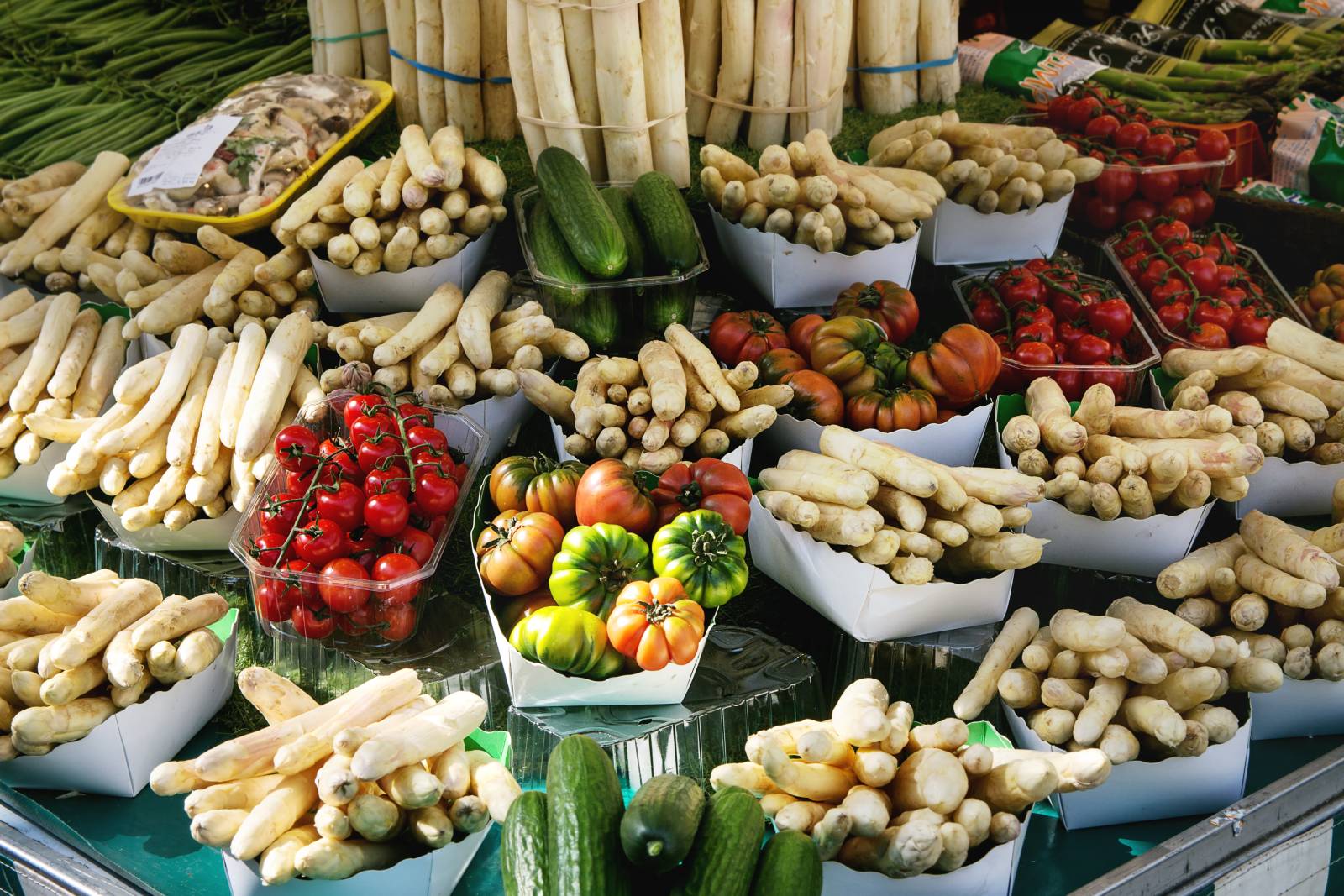 Parisian food market stall with fresh produce