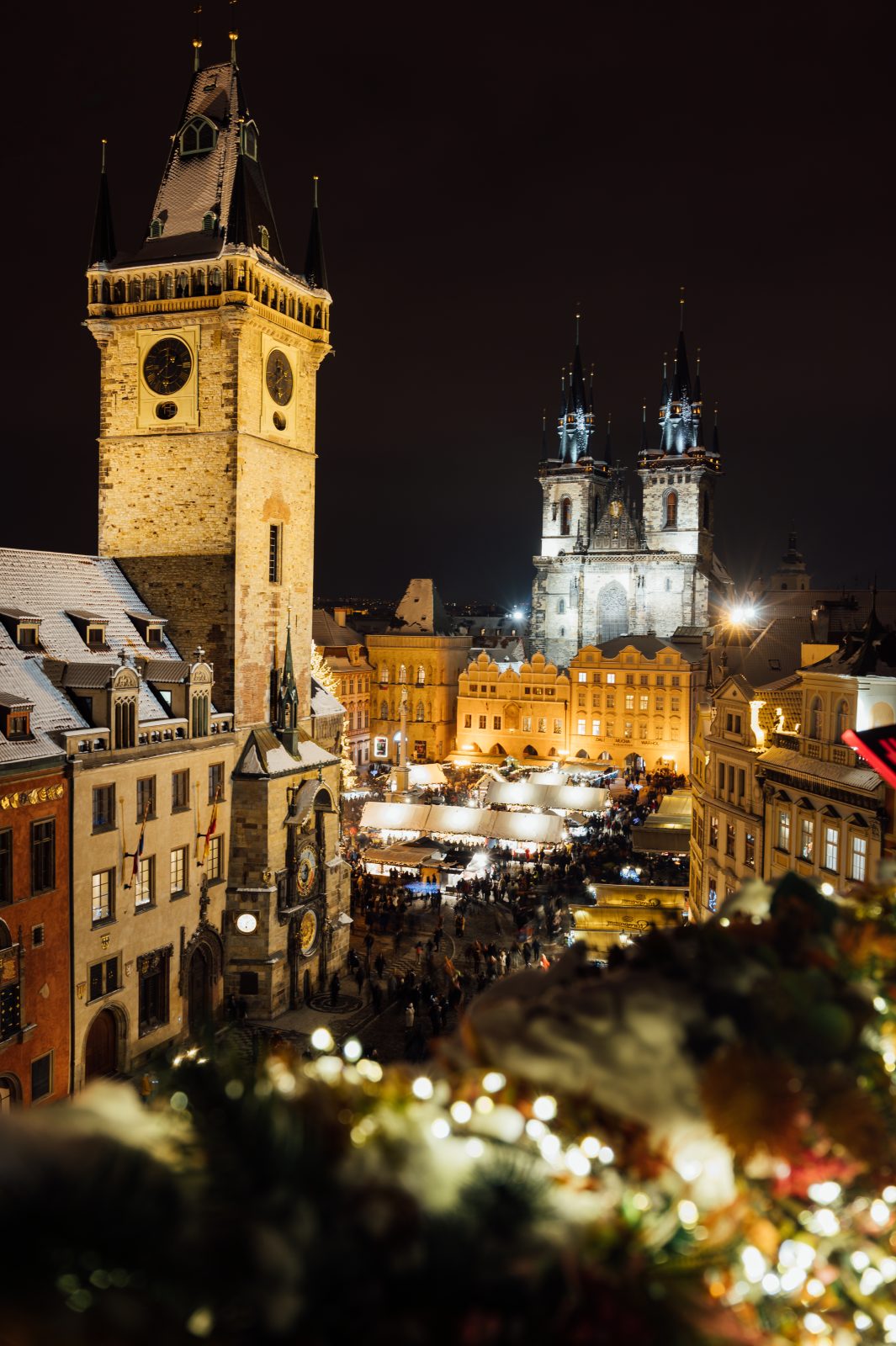 Prague Old Town Square Christmas market with lit tree and stalls