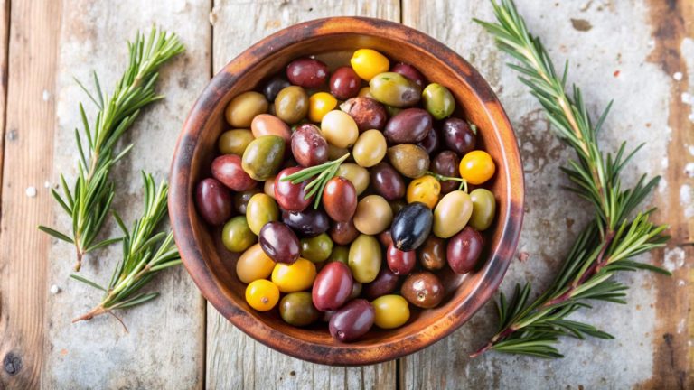 Provencal olives with rosemary on rustic wood
