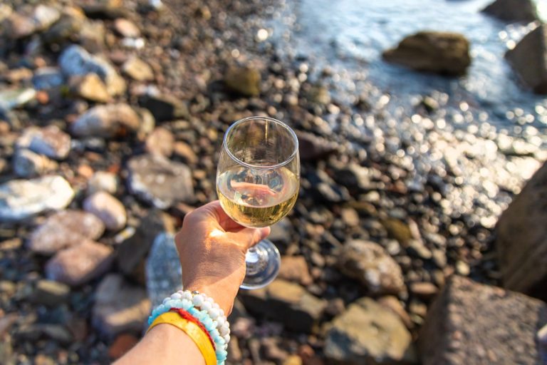 Glasses of Dalmatian wine by the Adriatic sea