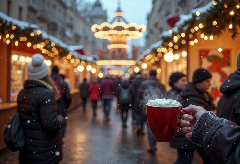 Vienna Christmas market stalls glowing at night with festive food