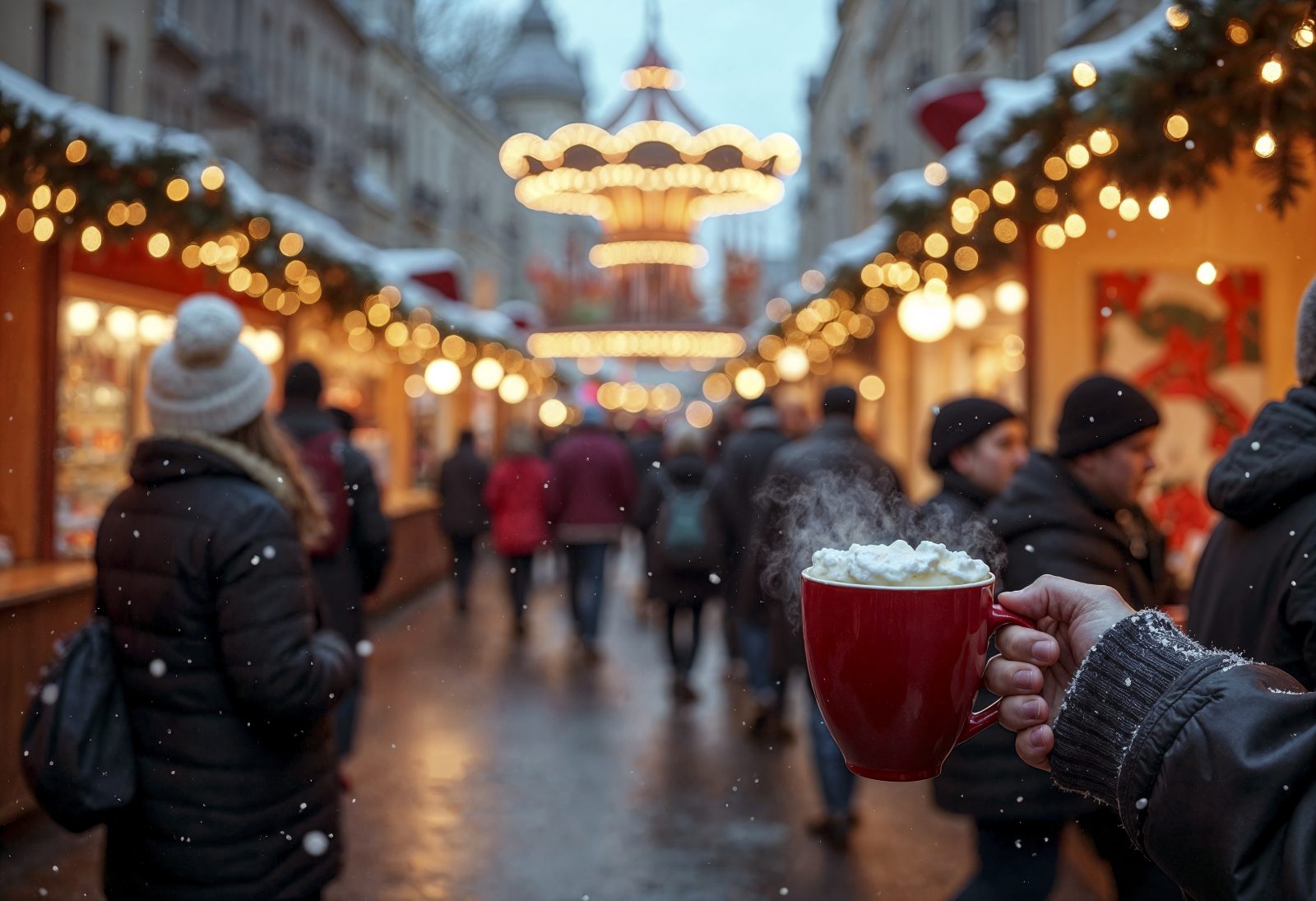 Vienna Christmas market stalls glowing at night with festive food