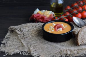 Salmorejo topped with serrano ham and hard-boiled egg