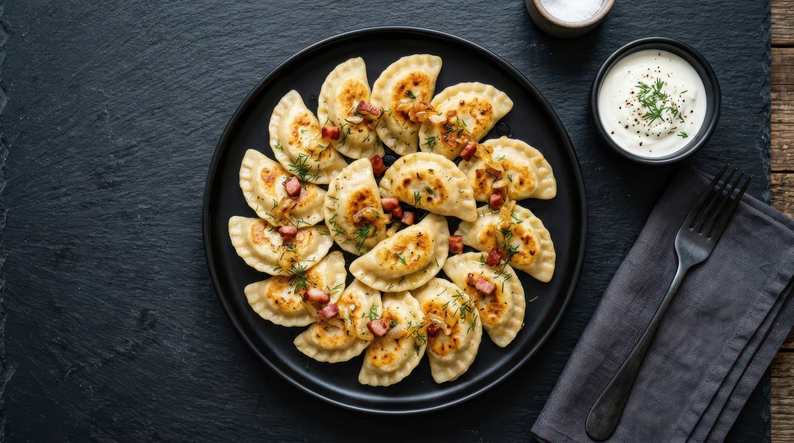 Polish pierogi with fried bacon and sour cream